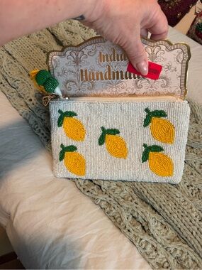 Handmade Beaded Lemon Wristlet Pouch - White and Yellow